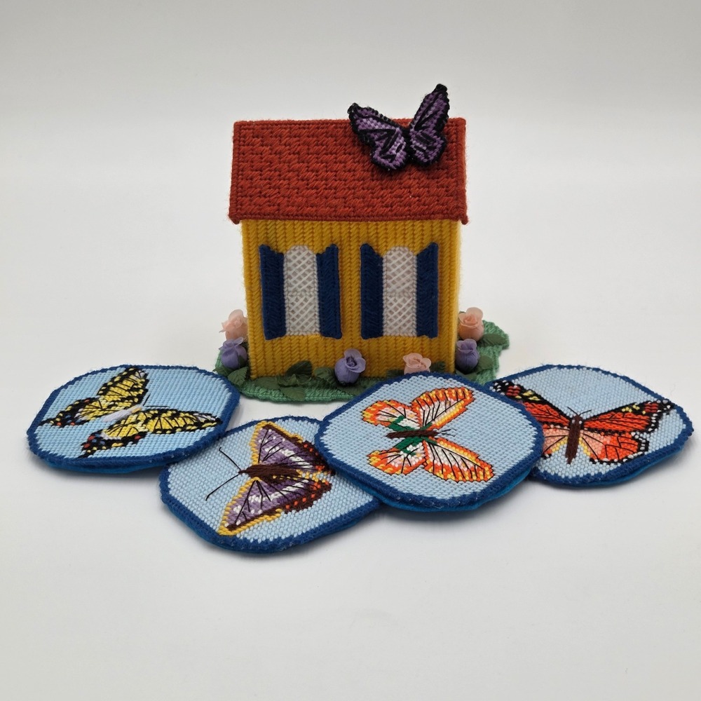 Vintage Needlepoint Canvas Butterfly Coaster Set 4 w/ House Holder Handmade